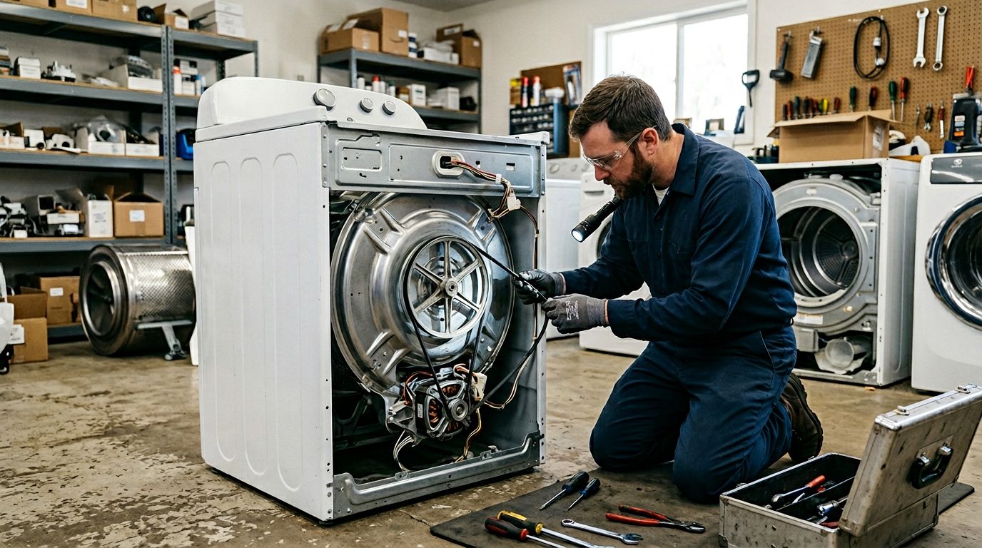 Appliance repair technician fixing washer motor
