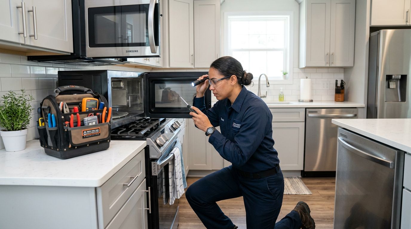 Appliance repair technician inspecting a microwave