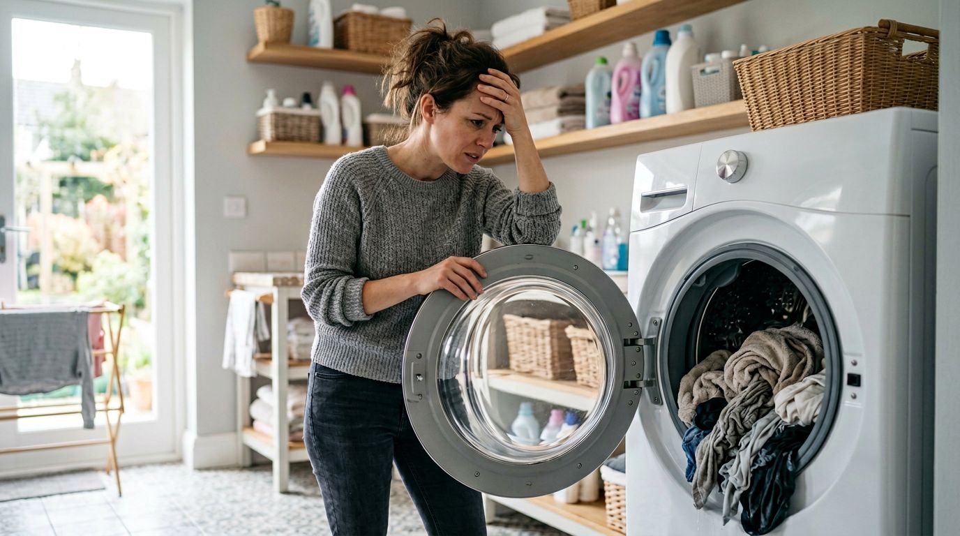 Soaking wet laundry from an unbalanced washer load