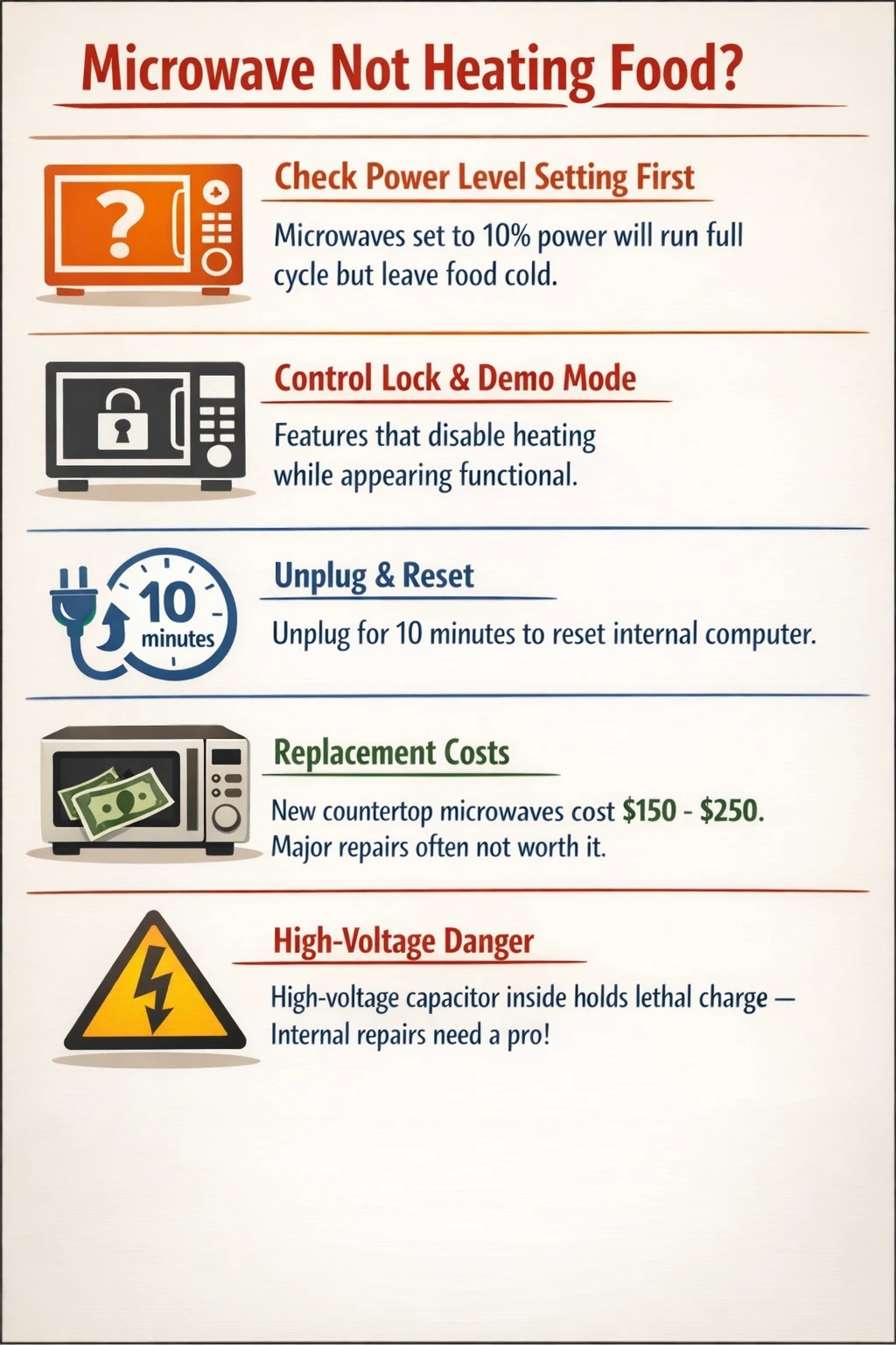 Troubleshooting steps for microwave not heating infographic